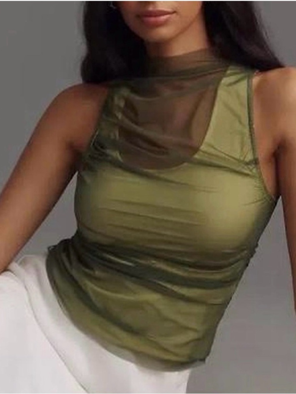 Anthropologie Olive Green Sheer Mock-Neck Tank